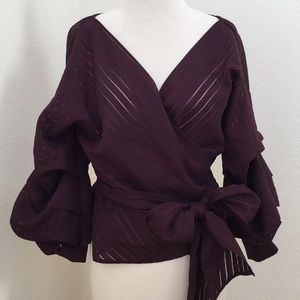 Chelsea28 Burgundy Balloon Sleeves Wrap Shirt